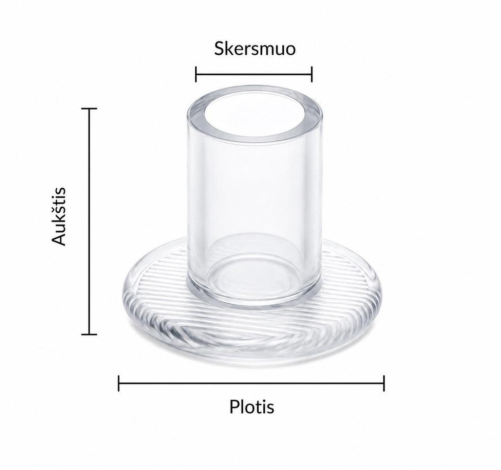 Skaidrių kulniukų apsaugų matmenų diagrama — skersmuo, plotis ir aukštis