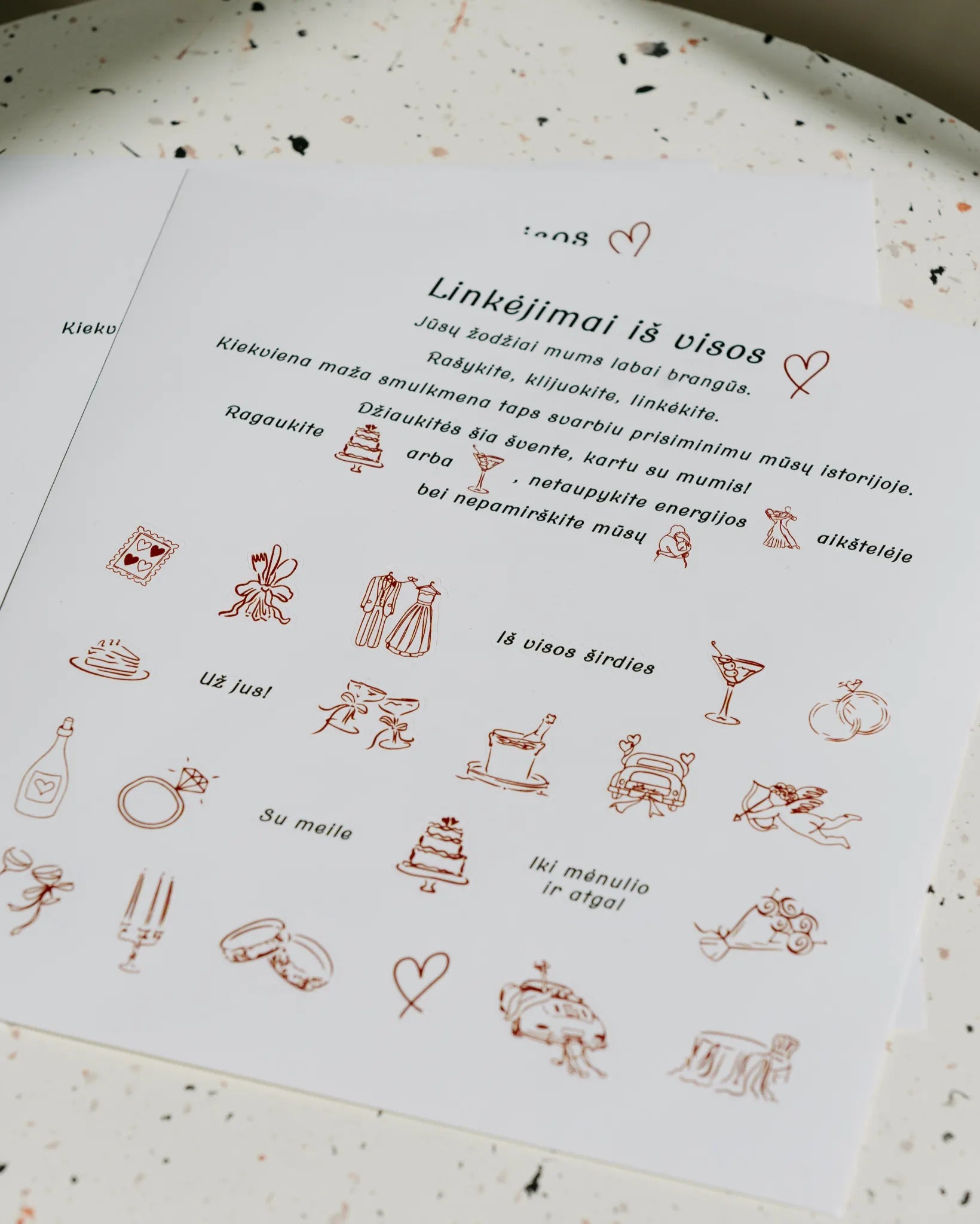 Vestuviniai lipdukai svečių knygai su iliustruotais vestuvių simboliais
